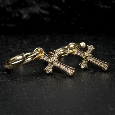 Small Gold Sterling Silver Dangle Cross Hoop Earrings