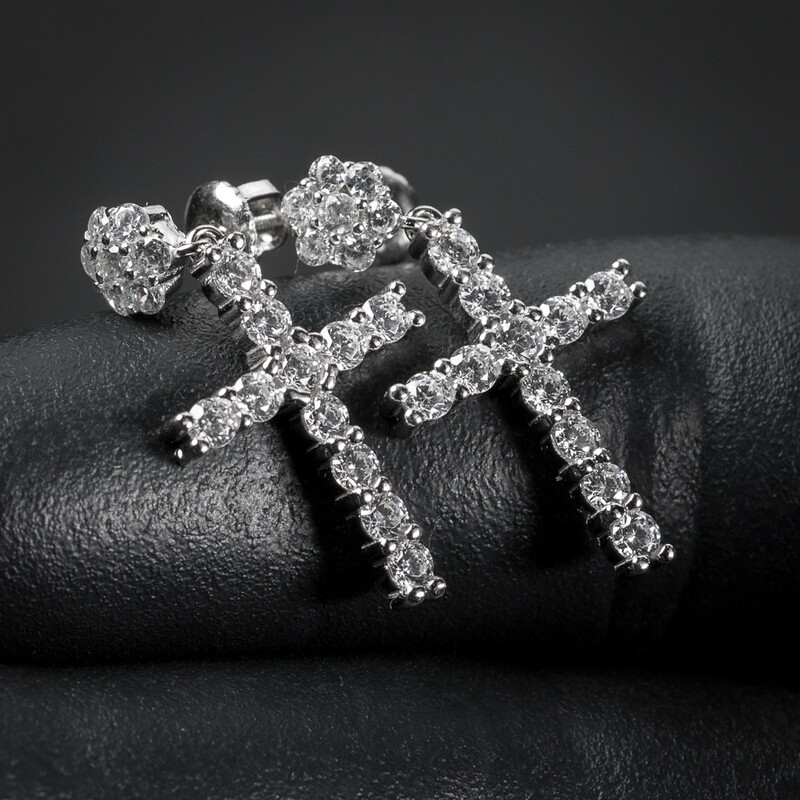 Men Cluster Sterling Silver Stud Dangle Cross Earrings