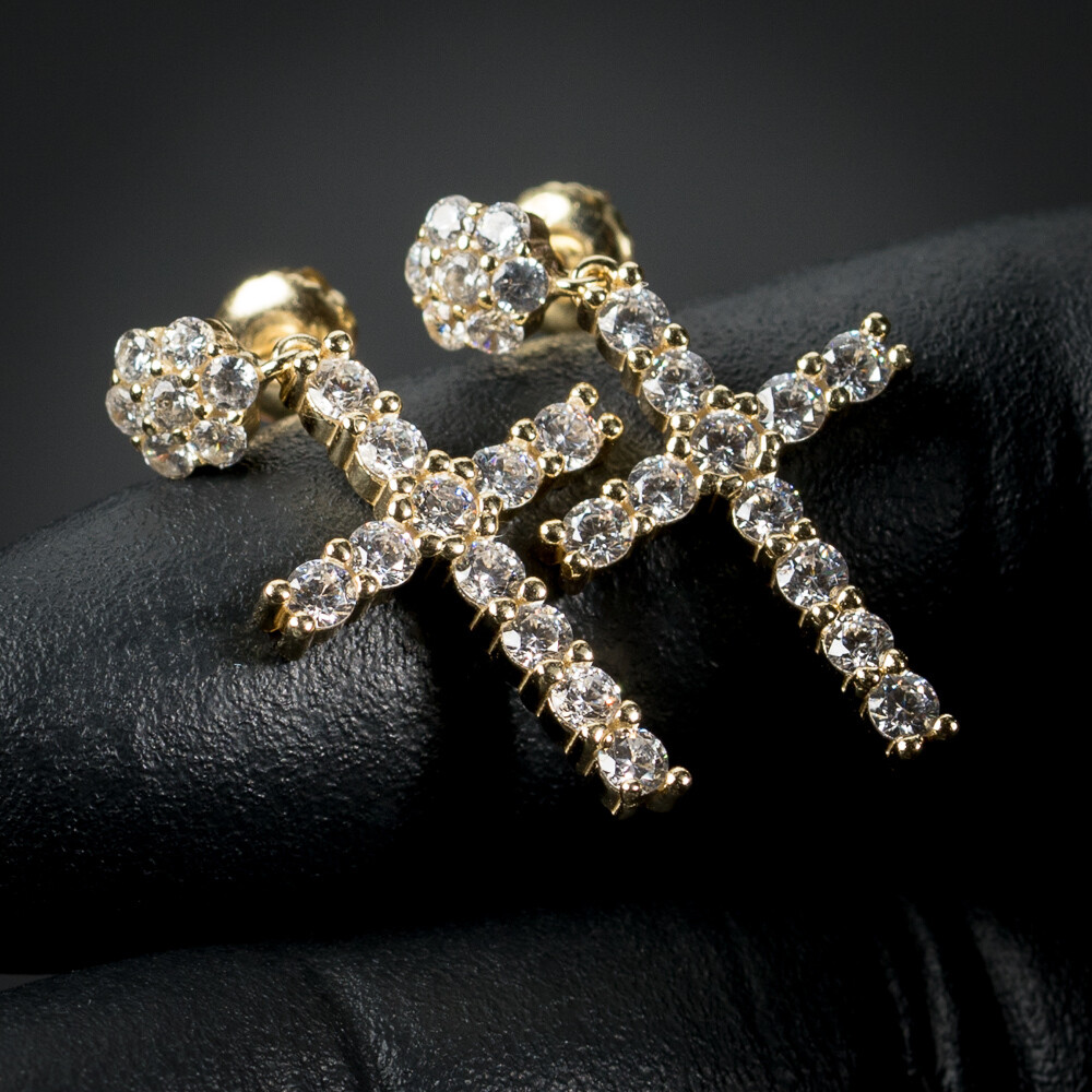Gold Flower Cluster Stud Dangle Cross Earrings