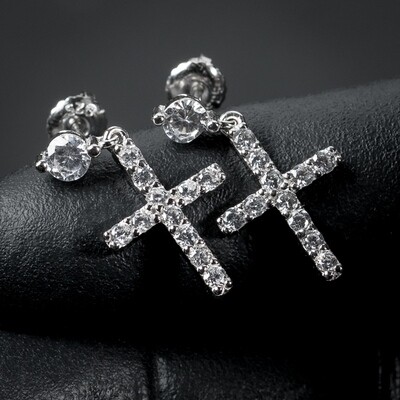 Small Sterling Silver Round Stud Dangle Cross Earrings