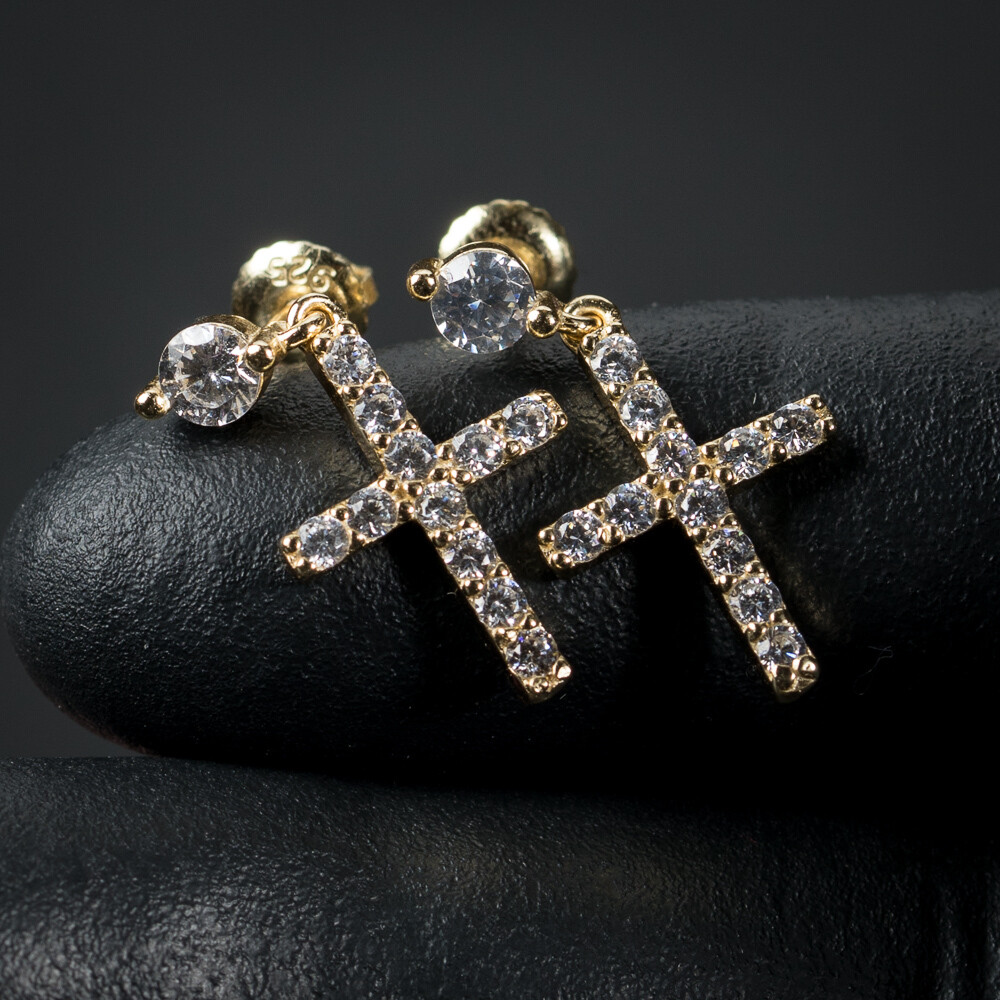 Men's Gold Sterling Silver Dangle Cross Stud Earrings