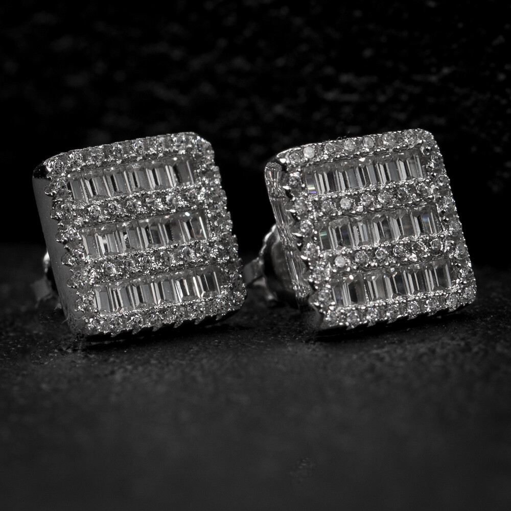 Mens Square Sterling Silver Iced Baguette Earrings