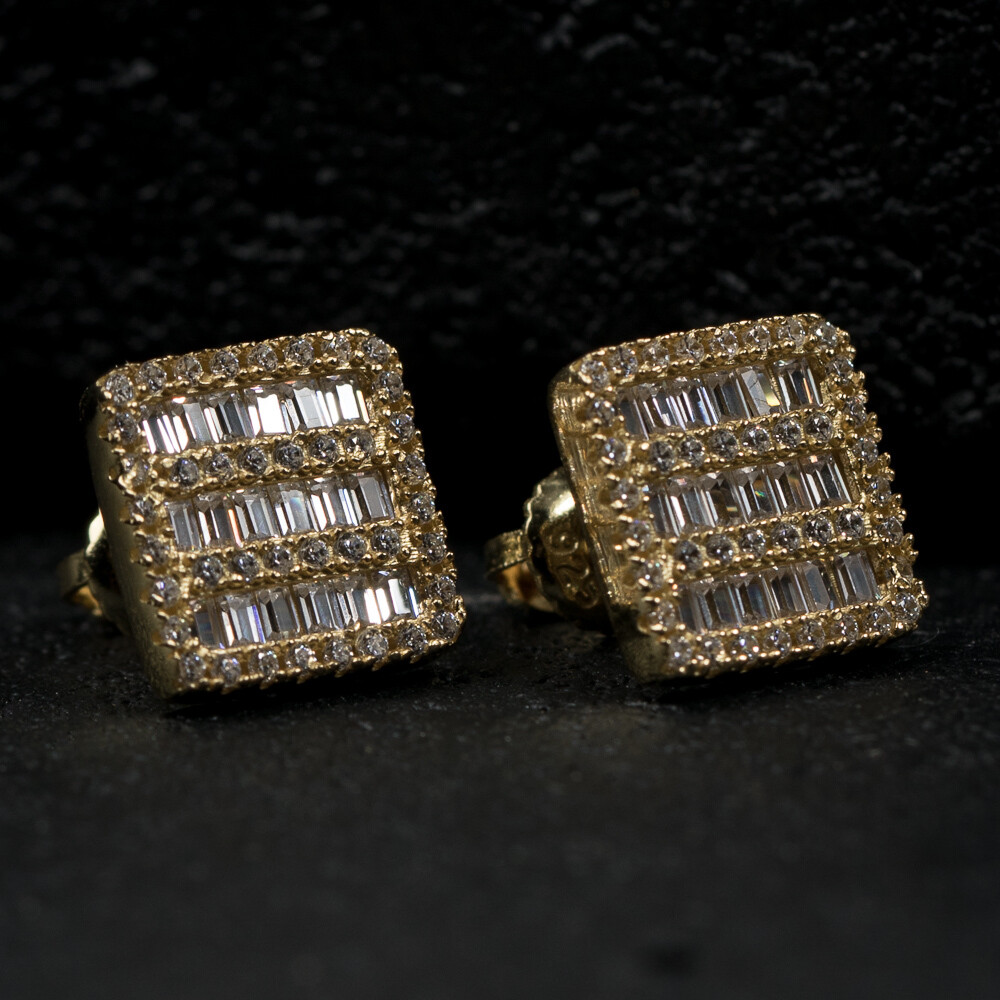 Mens Gold Square Sterling Silver Baguette Earrings