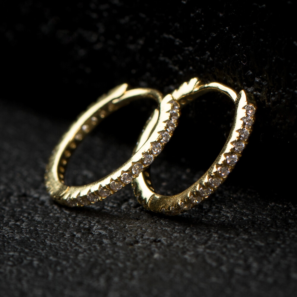 Iced One Row Thin Gold Sterling Silver Cz Hoop Earrings