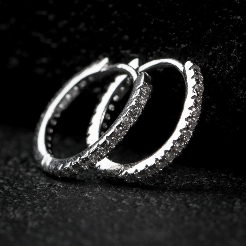 Iced Elegant Thin Sterling Silver Cz Hoop Earrings