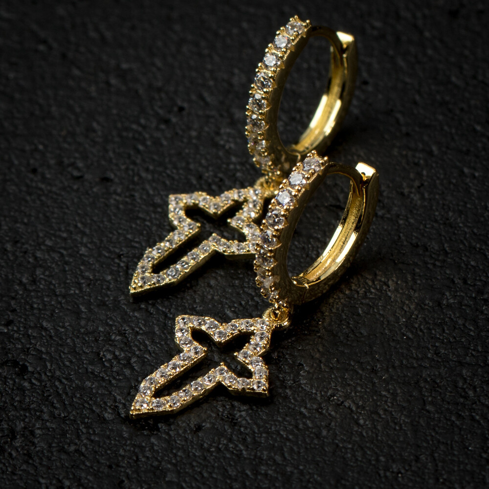 Mens Yellow Gold Iced Dangle Cross Hoop Earrings