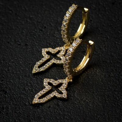 Mens Yellow Gold Iced Dangle Cross Hoop Earrings