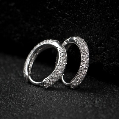 Iced Thin White Gold Sterling Silver Hoop Earrings
