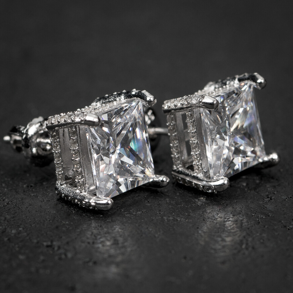 White Gold Princess Cut Square Stud Earrings