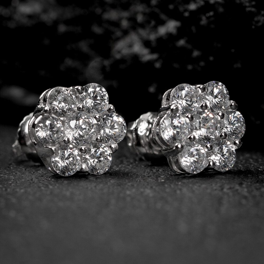 Mens Sterling Silver Flower Set Cluster Earrings