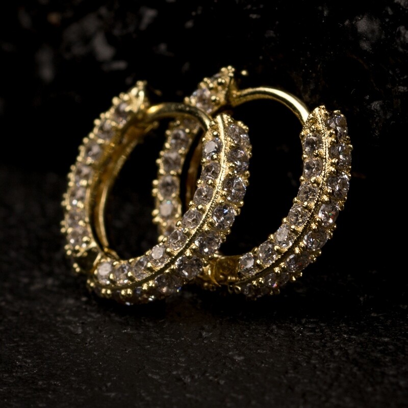 Mens Fully Iced 3D Sterling Silver Gold Hoop Earrings