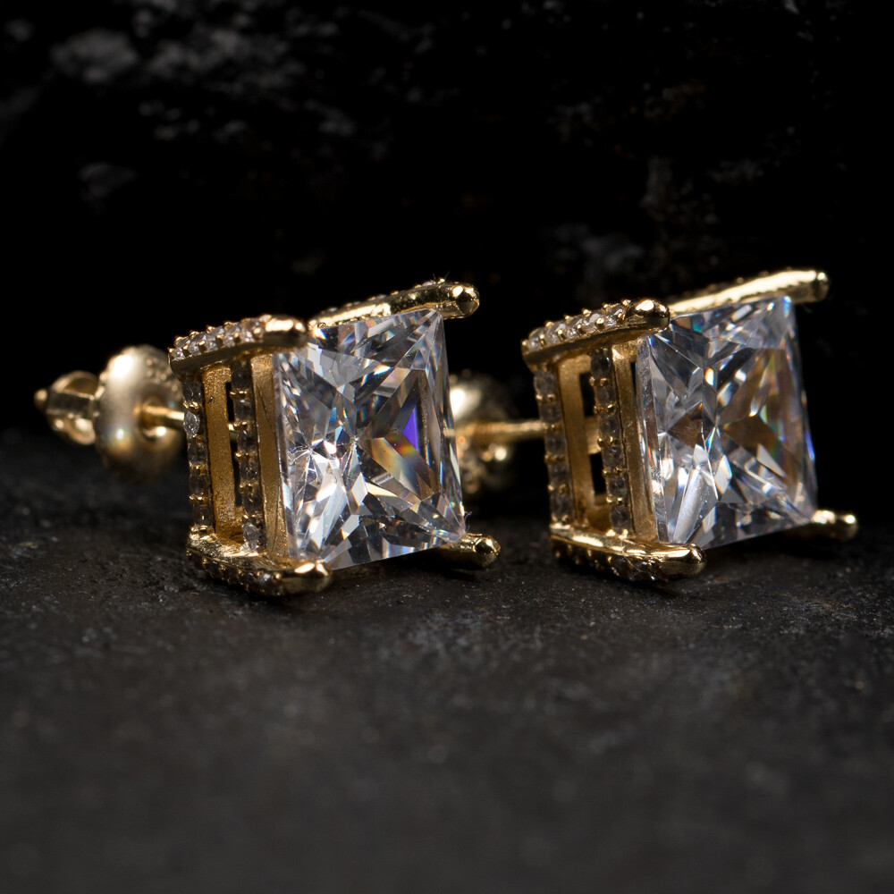 Gold Large Princess Cut Square Stud Earrings