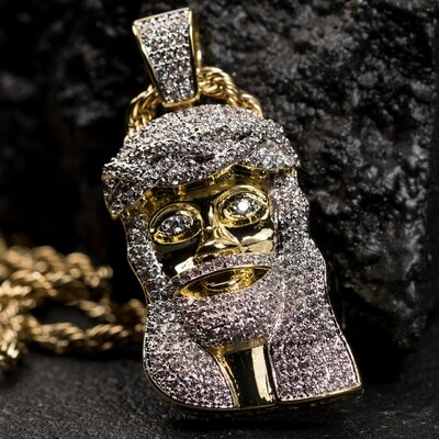 Mini Iced Two Tone Gold Jesus Piece Pendant Necklace