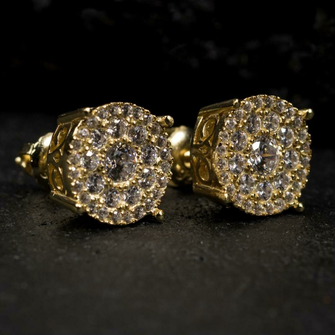 ​Iced Round 14K Gold Cluster Earrings