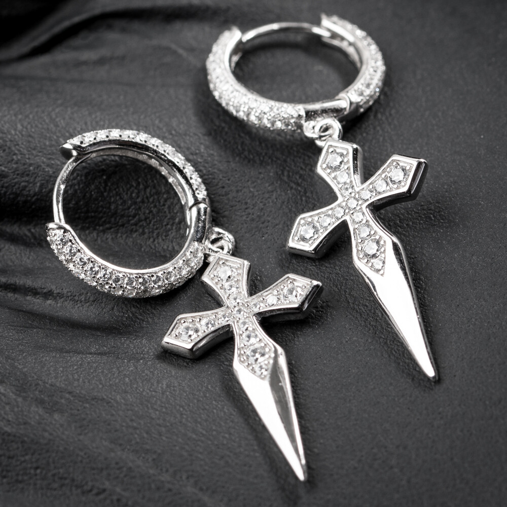 Sterling Silver Dagger Hanging Cross Hoop Earrings