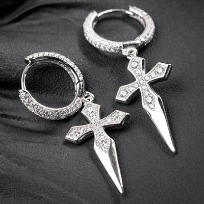 Sterling Silver Dagger Hanging Cross Hoop Earrings