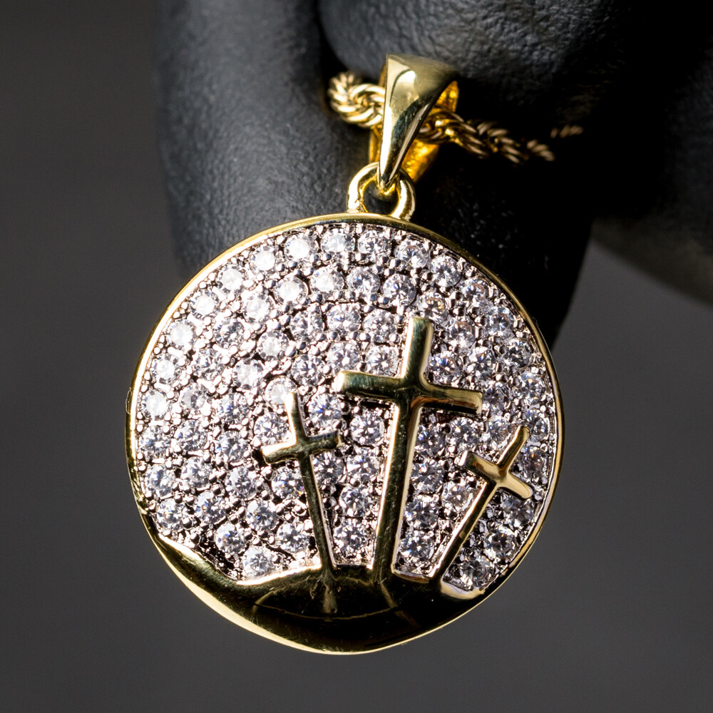 Gold Three Cross Iced Cz Pendant Necklace