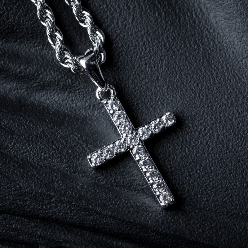 Mini Micro White Gold Iced Cz Cross Pendant