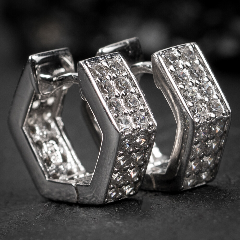 Sterling Silver Elegant Iced 6A CZ Octagon Hoop Earrings Sterling Silver Elegant Iced 6A CZ Octagon Hoop Earrings