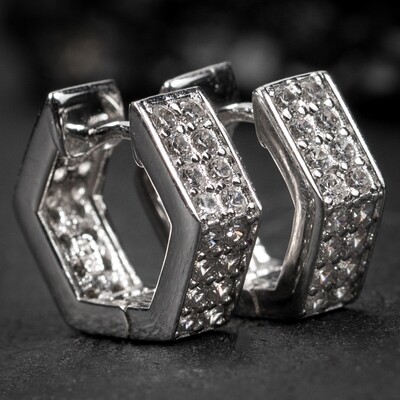 Sterling Silver Elegant Iced 6A CZ Octagon Hoop Earrings