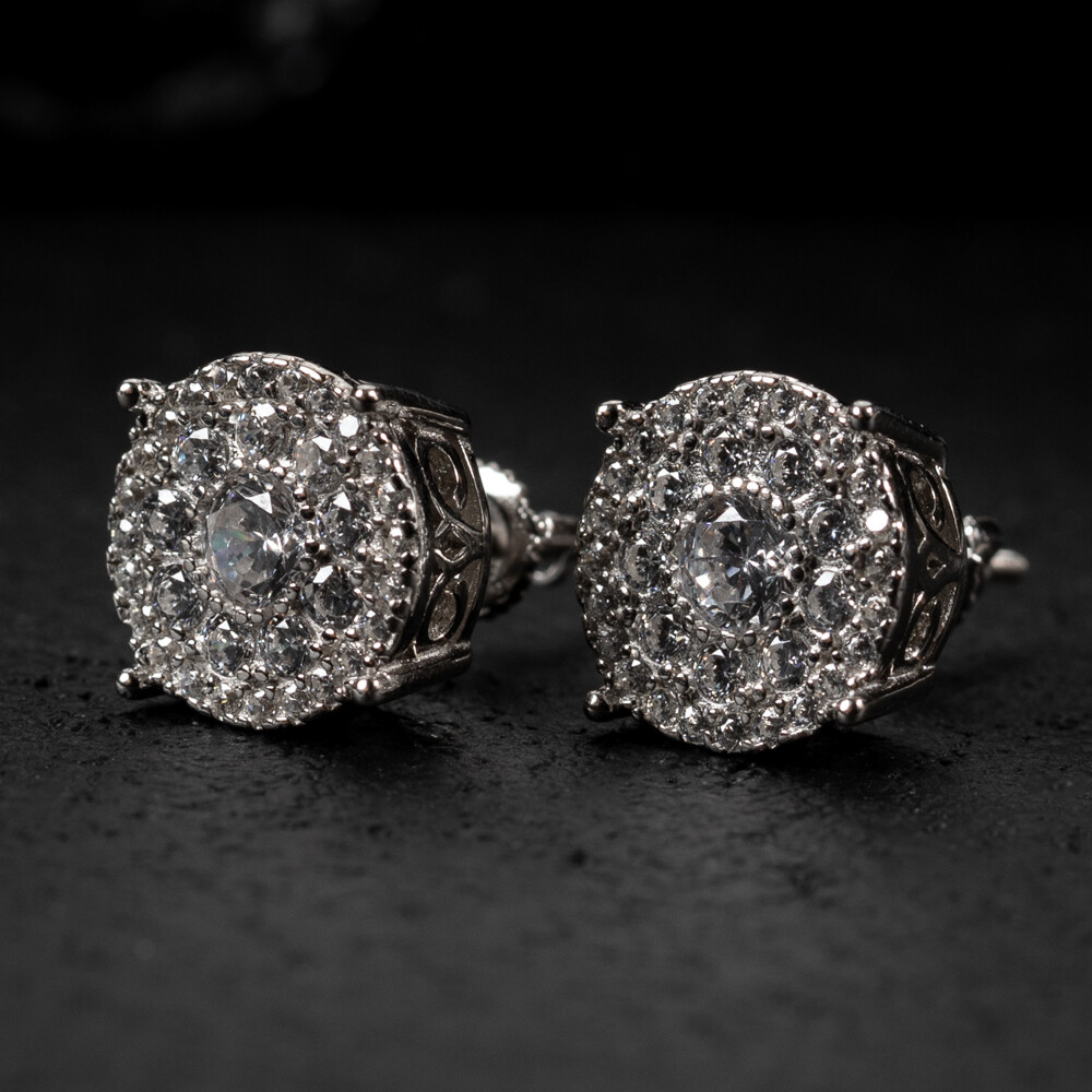 Large Sterling Silver Round Stud Cluster Earrings