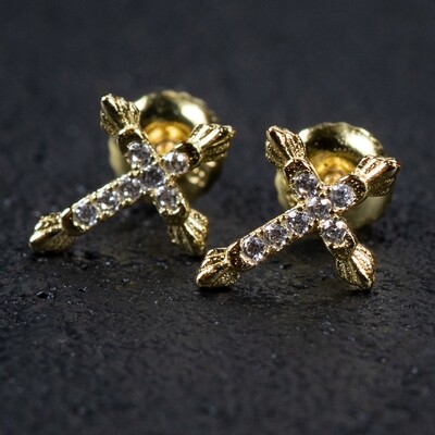 Gold Sterling Silver Iced Cz Small Cross Stud Earrings