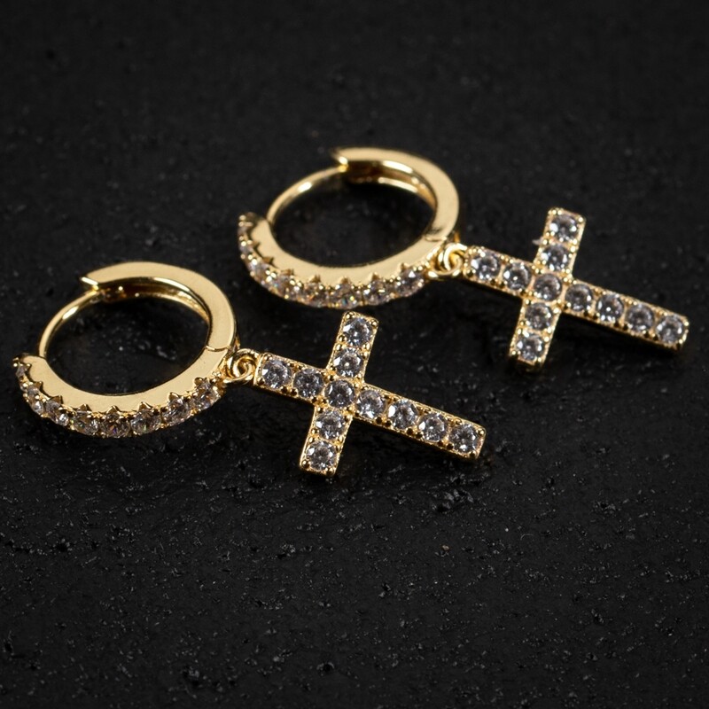 Men&#39;s Yellow Gold Dangle Huggie Cross Hoop Earrings