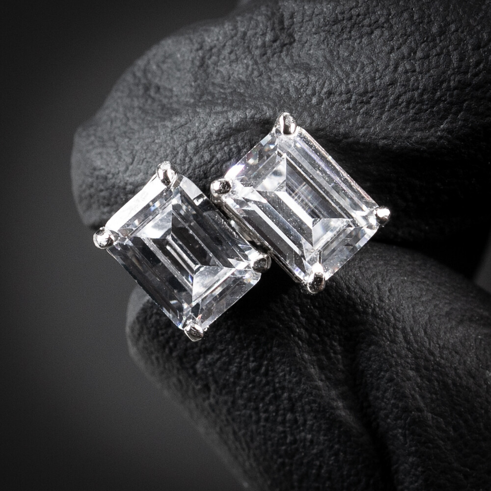 Sterling Silver Cz Simulate Emerald Cut Stud Earrings