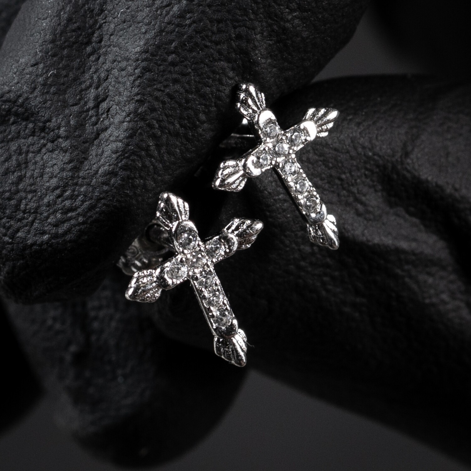 Small Sterling Silver Iced Cz Cross Stud Earrings