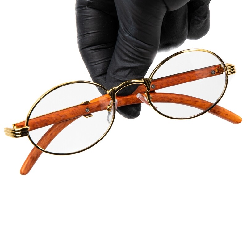 Men&#39;s Round Woodgrain Clear Lens Gold Frame Glasses