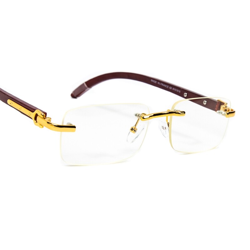 Gold Frame Woodgrain Men&#39;s Rimless Clear Tint Glasses