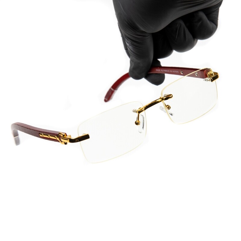 Woodgrain Gold Frame Rimless Men&#39;s Clear Lens Glasses
