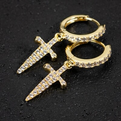 Gold 925 Sterling Silver Dagger Cross Hoop Earrings