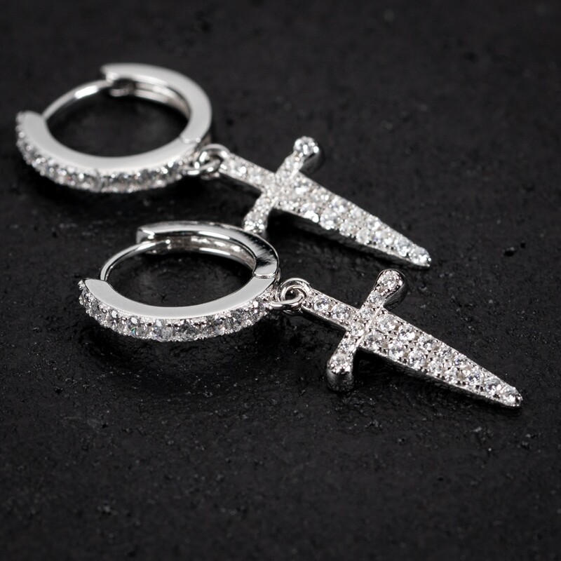 Iced Sterling Silver Men&#39;s Dagger Cross Hoop Earrings