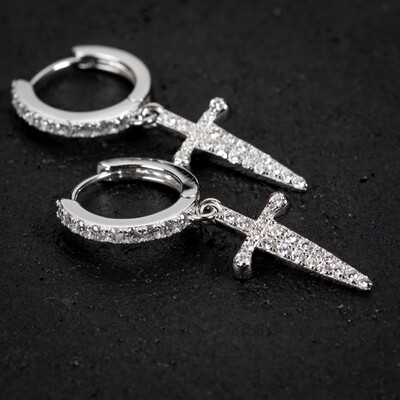 Iced Sterling Silver Men's Dagger Cross Hoop Earrings