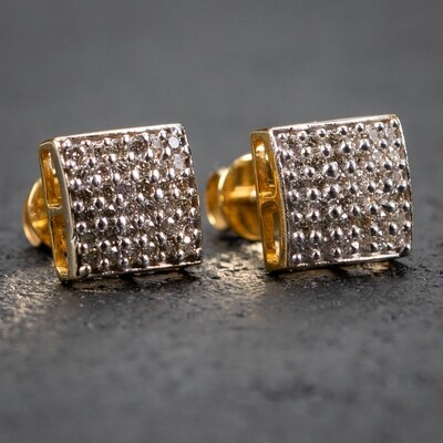 Real 10K Yellow Gold 3D Square Diamond Stud Earrings