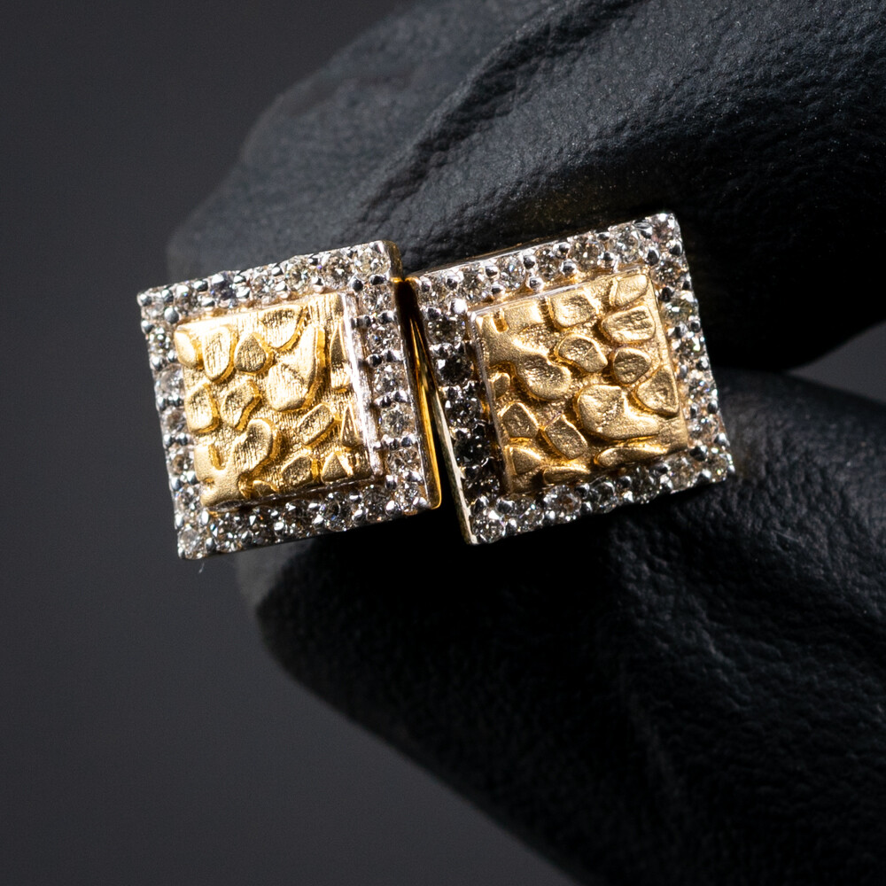 14K Gold Nugget Square Diamond Men's Stud Earrings