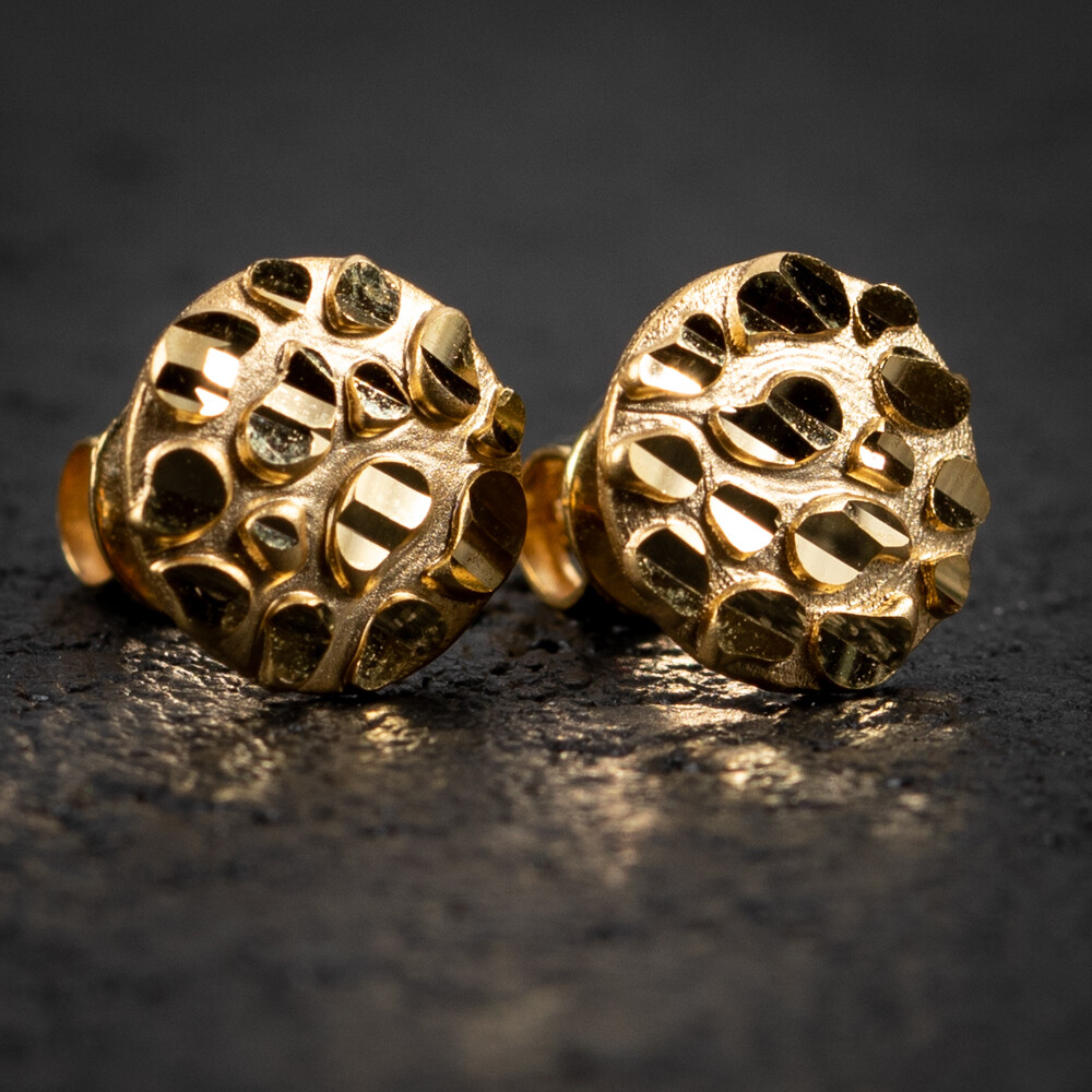 10K Gold Round Nugget Diamond Cut Men's Stud Earrings