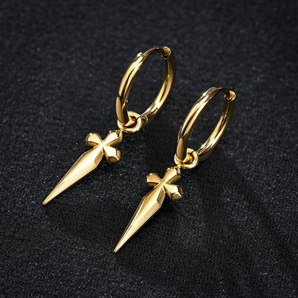 Gold Sterling Silver Dagger Hanging Cross Hoop Earrings