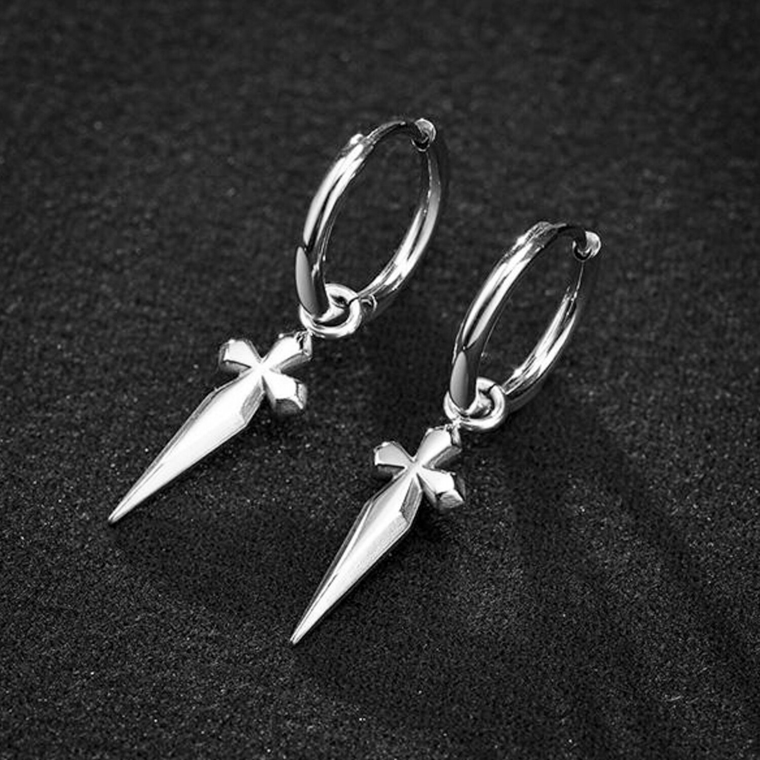 Mens Sterling Silver Dagger Sword Cross Hoop Earrings