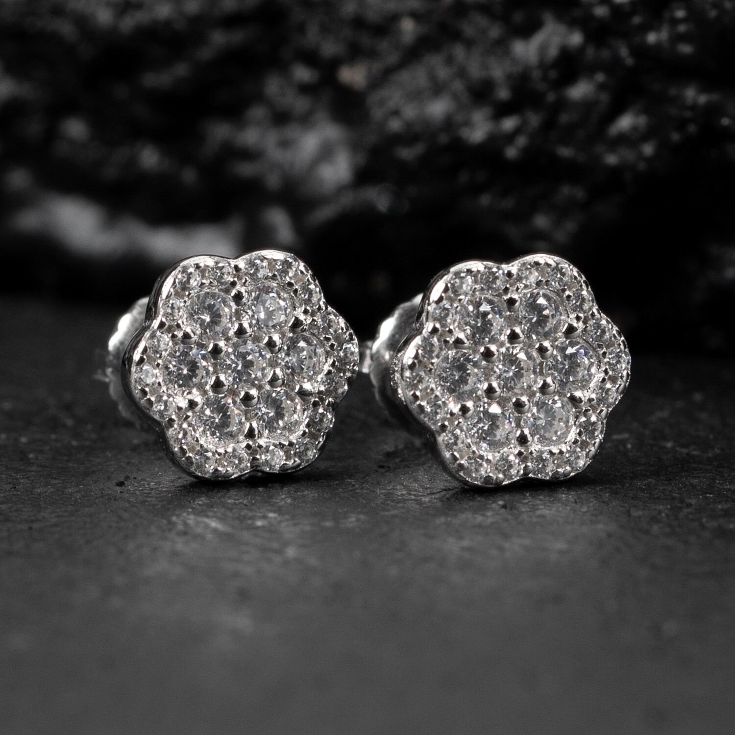 Flower Set Sterling Iced Cluster Stud Earrings