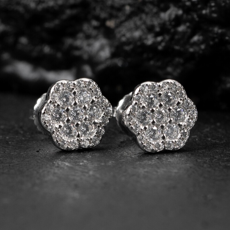 Flower Set Sterling Iced Cluster Stud Earrings