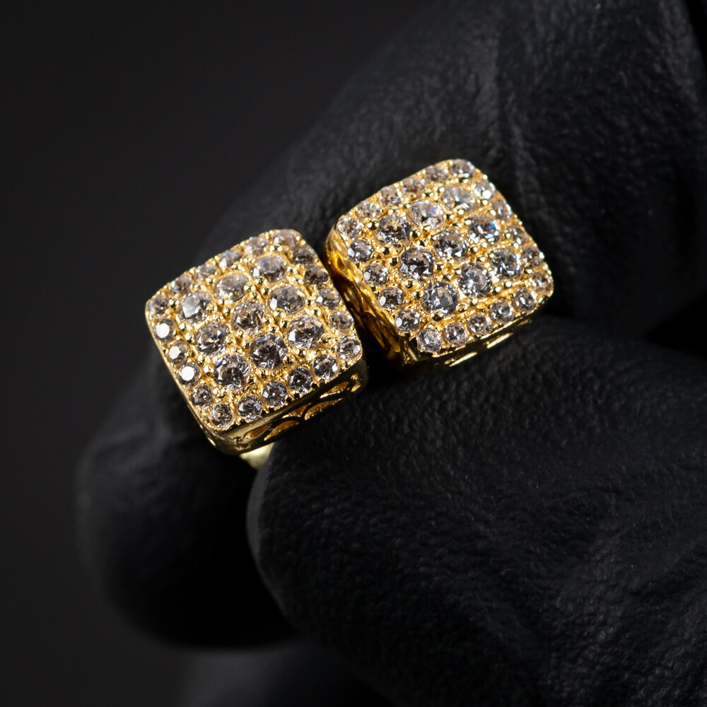 Small Iced Square Gold Sterling Silver Stud Earrings