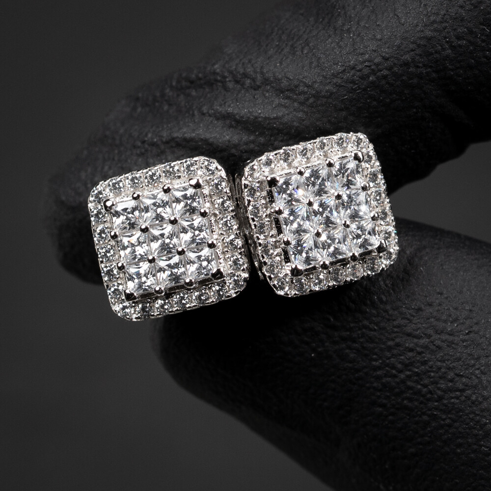 Men&#39;s Silver Invisible Set Princess Cut Earrings