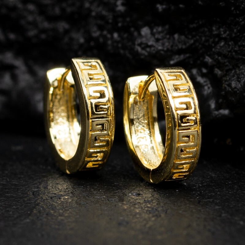 Men&#39;s Solid Gold Sterling Silver Greek Hoop Earrings