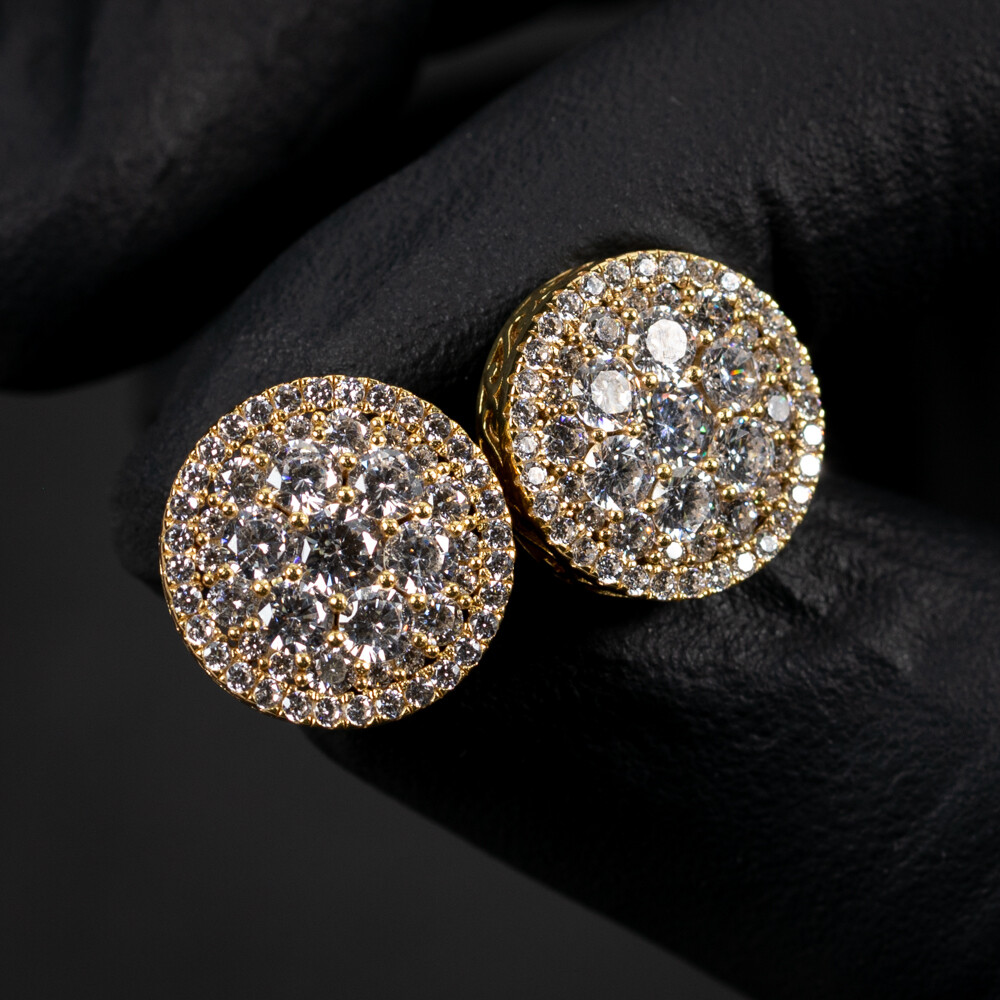 Large Men&#39;s Gold Sterling Silver Round Cluster Earrings