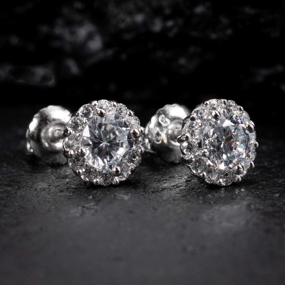 Men&#39;s Sterling Silver Round Iced  Cz Halo Stud Earrings