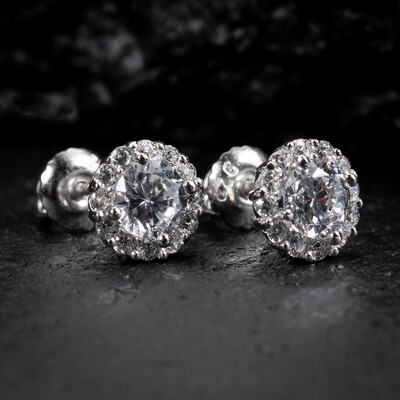 Men's Sterling Silver Round Iced  Cz Halo Stud Earrings