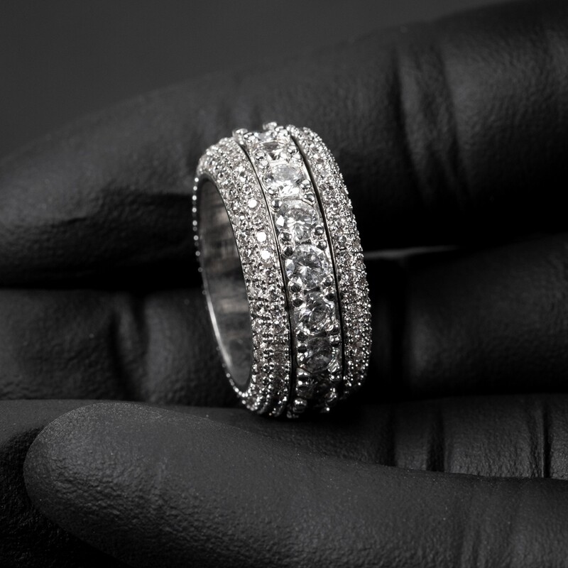 White ​Gold Plated Iced Pointer Layered Men&#39;s Eternity Pinky Ring