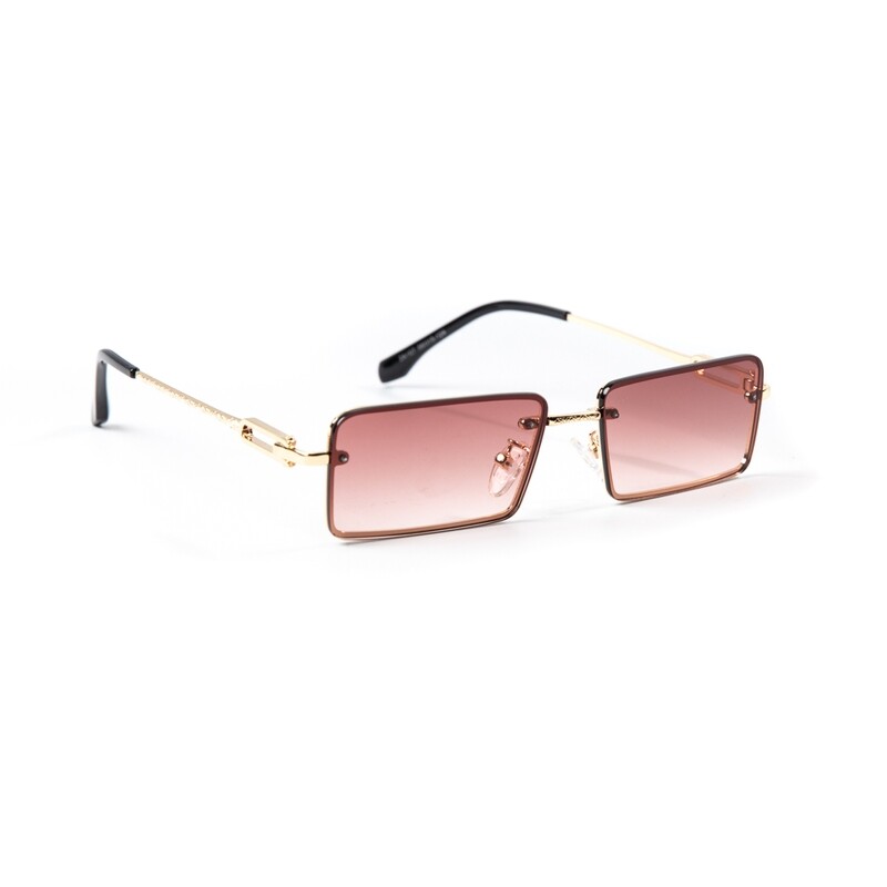 Burgundy Tint Rectangular Rimless Gold Frame Sunglasses